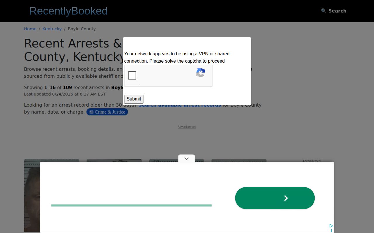 Unofficial RecentlyBooked Boyle County mugshot and arrest listing interface
